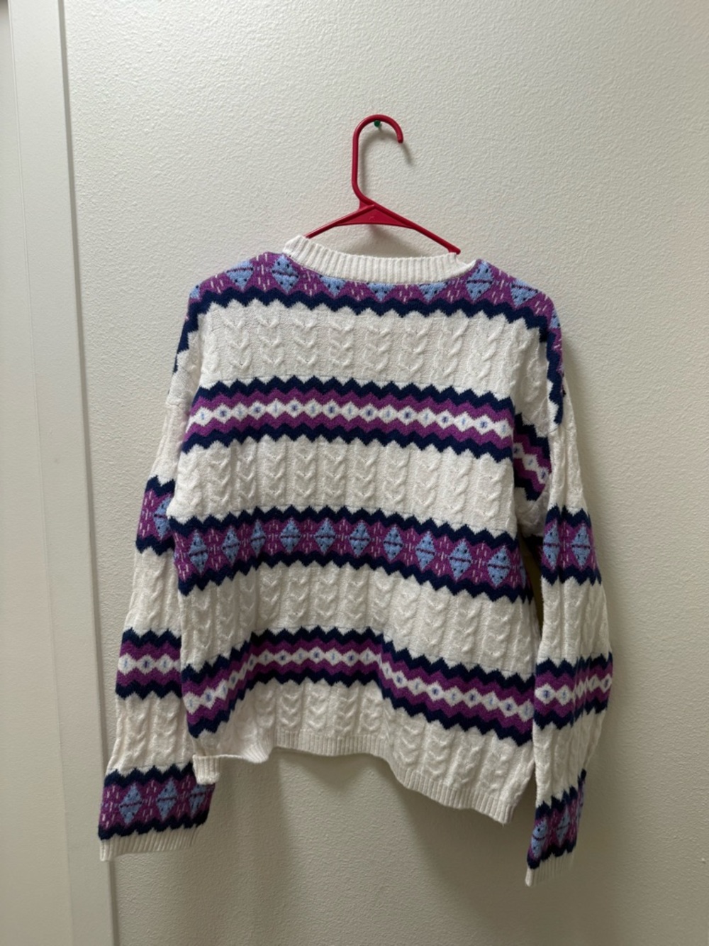 LOFT White Cable Knit Crew Sweater with Purple and Navy Fair Isle - Picture 2 of 3